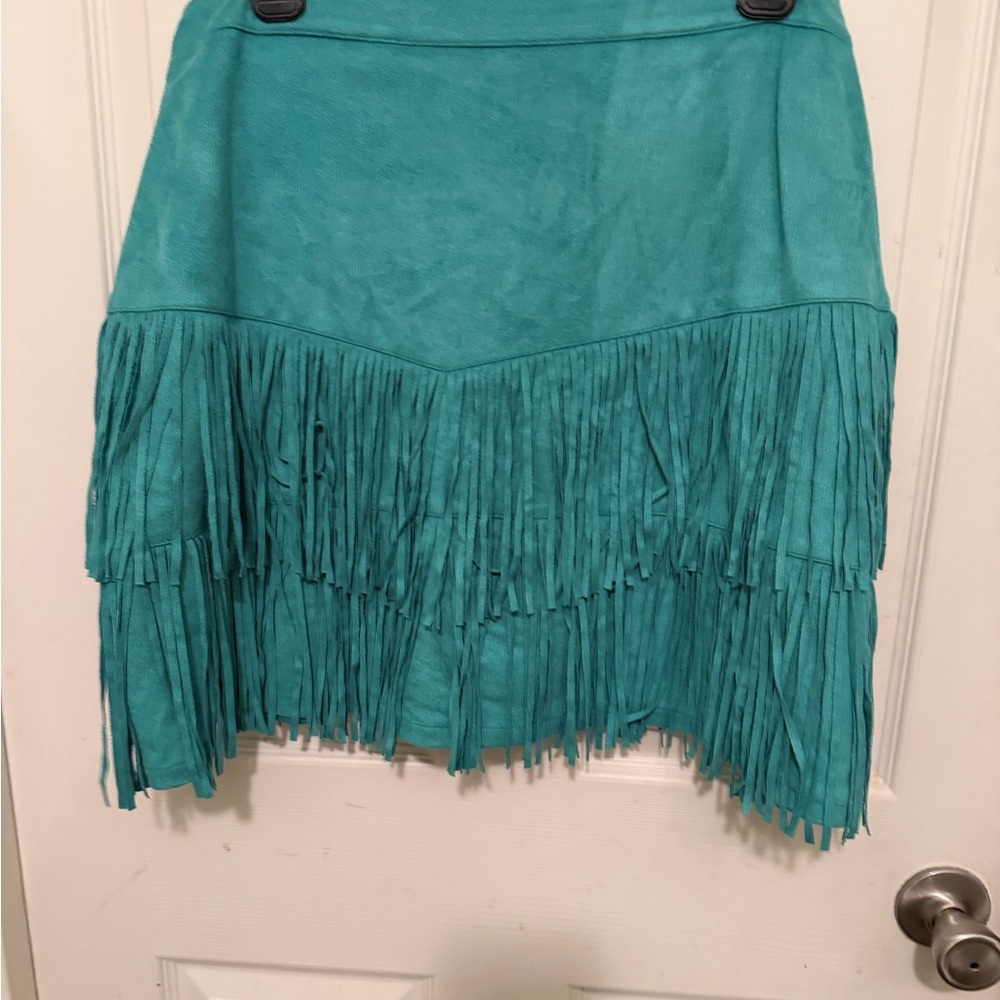 Teal Fringe Women's Skorts Faux Suede